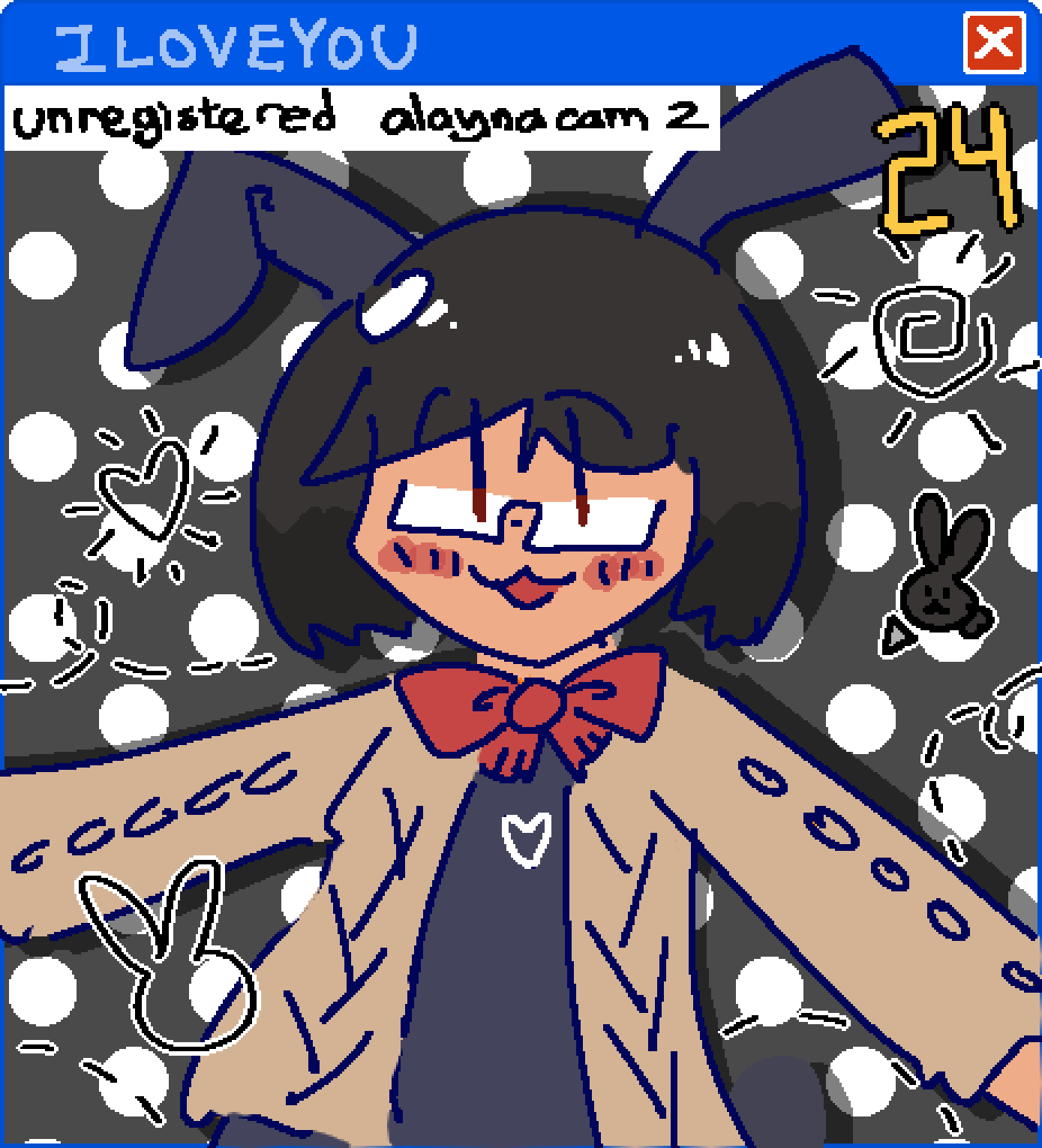 art of alayna (black short hair, catlike open mouth smile with blush and rectangular glasses, beige knit cardigan and black-blue sweatshirt with heart outline motif, and a large red bow around the collar. bunny elements like black-blue bunny ears and tail) there are doodles of dotted lines, hearts, a sunshine, a bunny outline around her. there are also many background elements such as a windows xp window with a black and white polka dotted inner background, a caption reading unregistered alaynacam 2, a yellow 24, and a bunny themed mouse cursor.